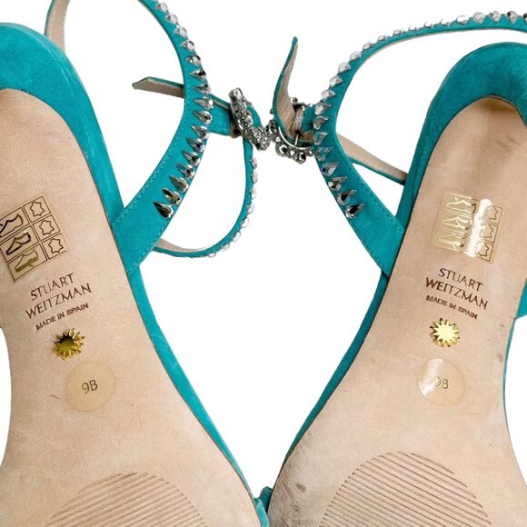 Stuart Weitzman Gemcut Sandals Women’s Size 9 Blue Suede Embellished Heels - Picture 12 of 14